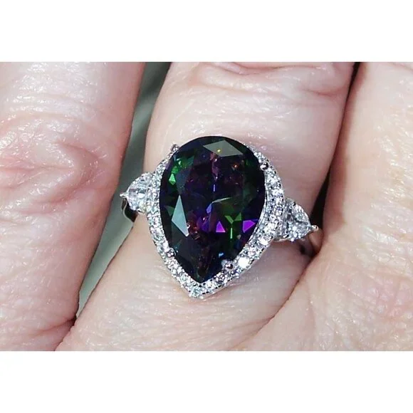 925 Sterling Silver Simulated Mystic Rainbow Topaz CZ Pear Cut Halo Ring - Picture 4 of 16